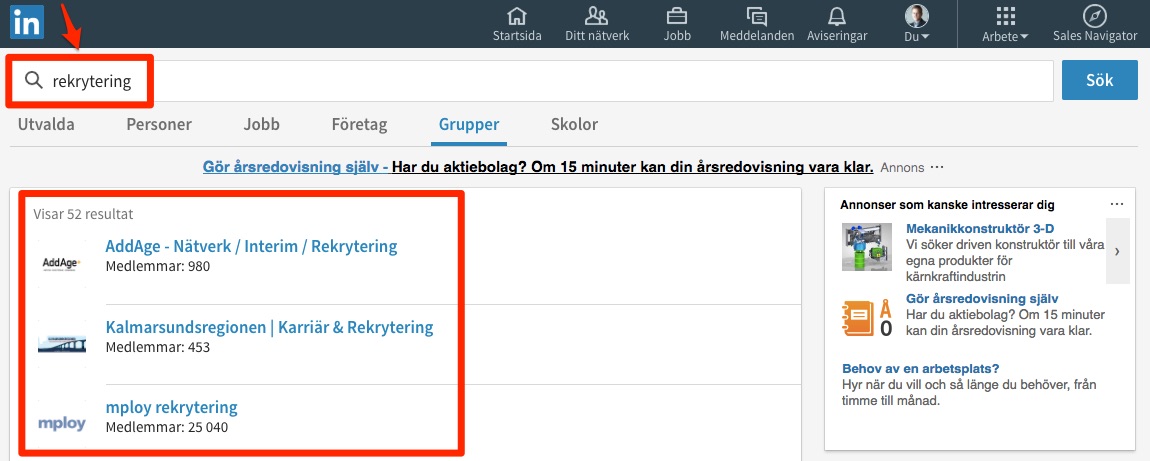 linkedin exempel sokning